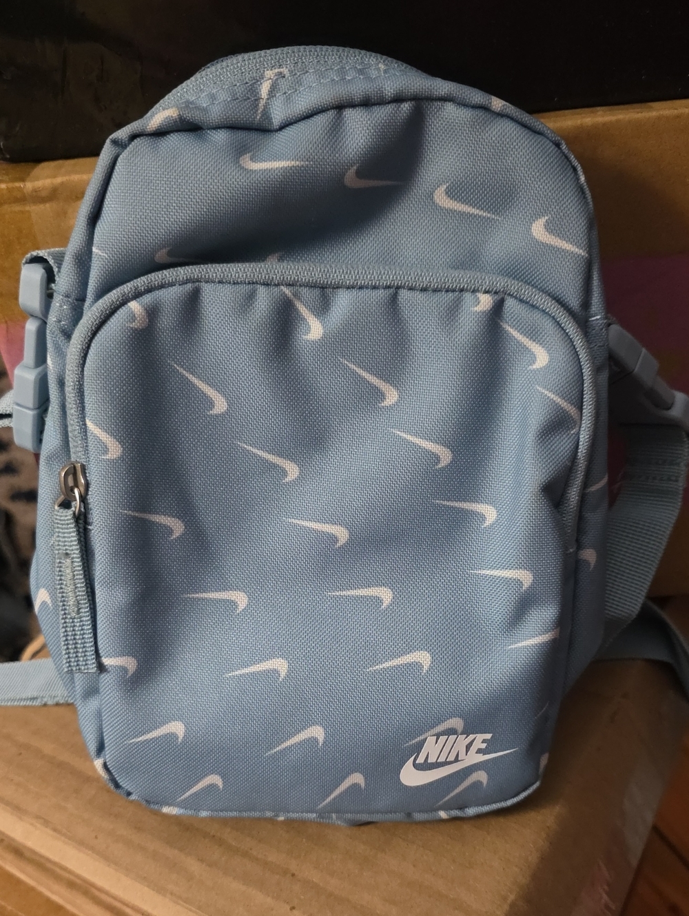 Nike Sky Blue Mini Shoulder Bag with White Swoosh Print